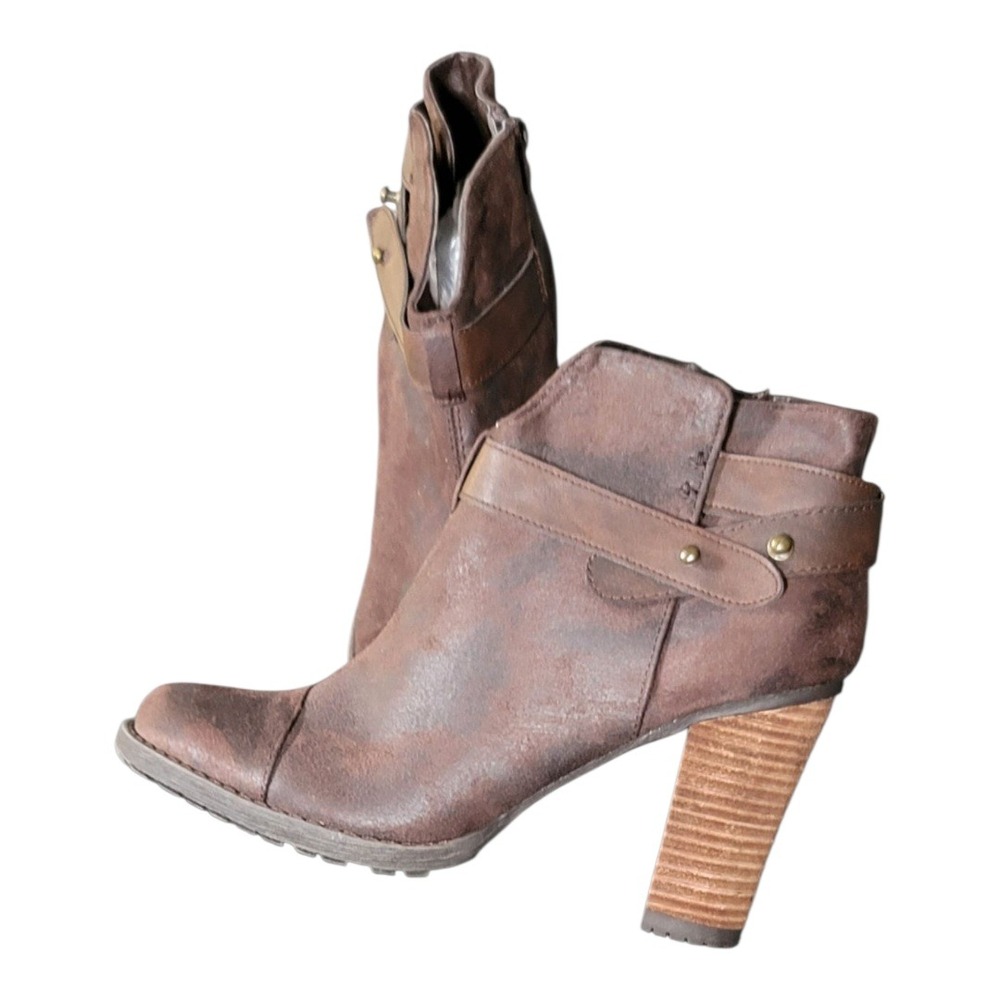 Crown Vintage Brown Heeled Ankle Boots Women's Sz 7 Faux Suede Zip Side Booties‎